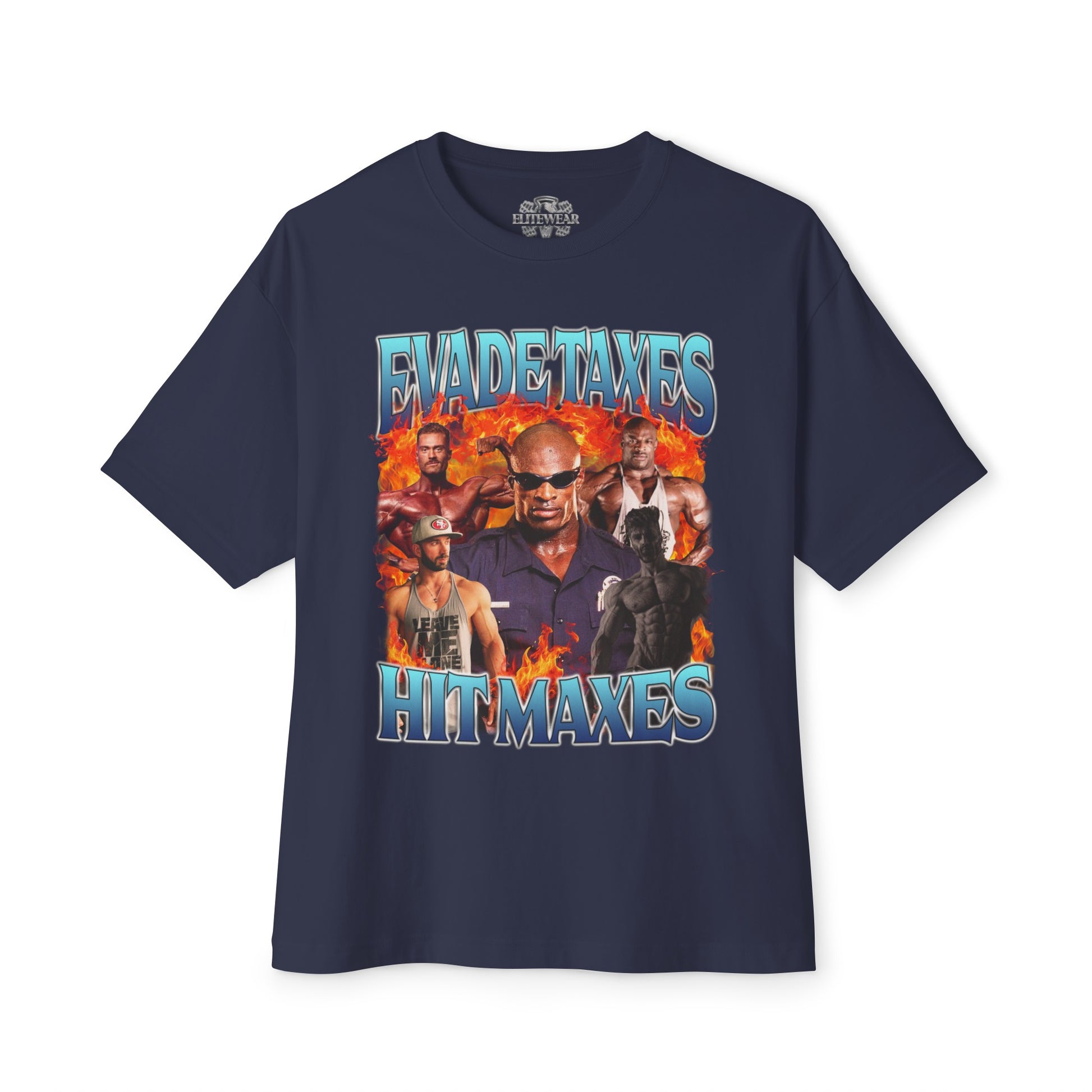 Ronnie Coleman Hit Maxes Evade Taxes Light Blue Oversized T-Shirt in action - Bodybuilding T-Shirt