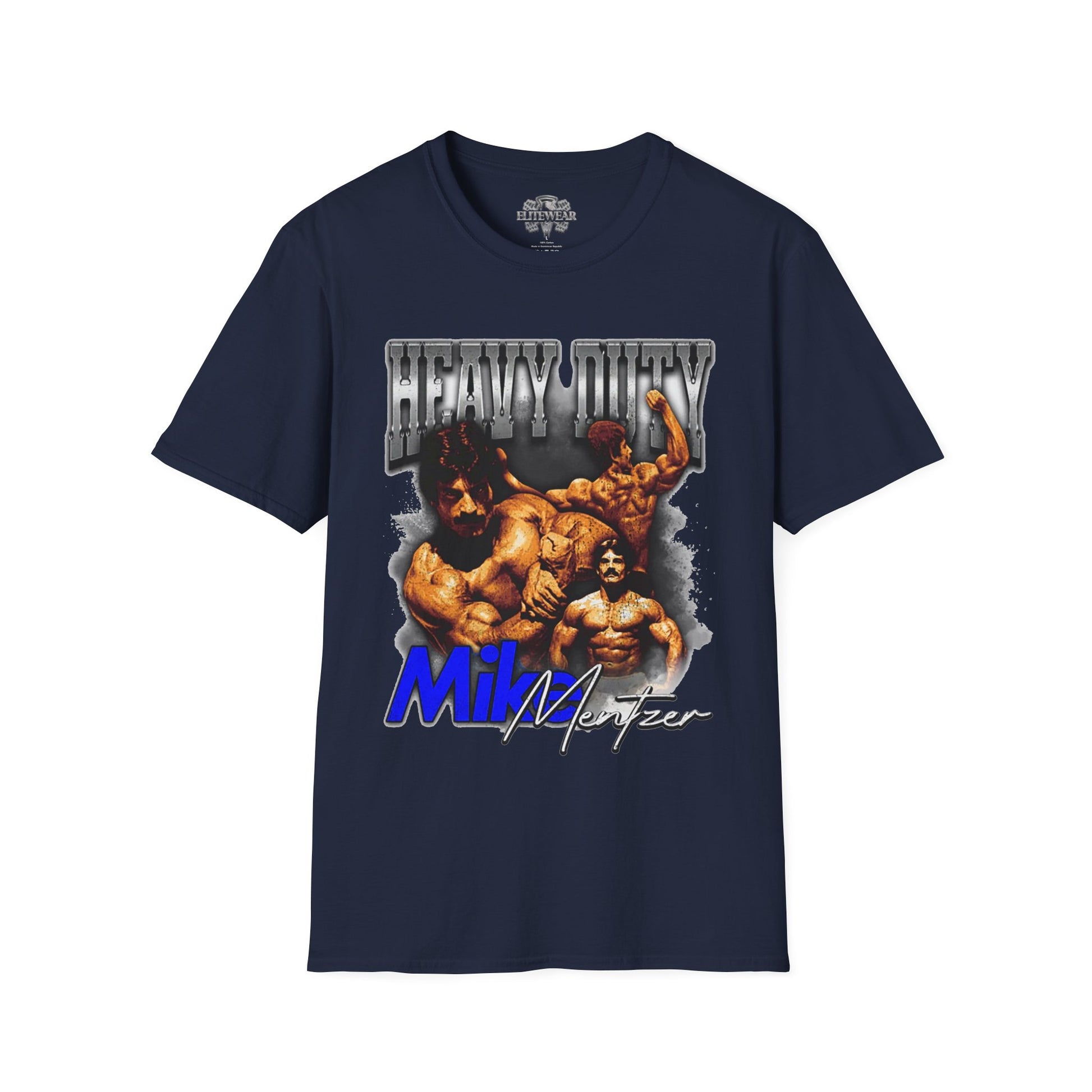 Mike Mentzer Vintage Blue Regular T-Shirt in action - Fitness Apparel