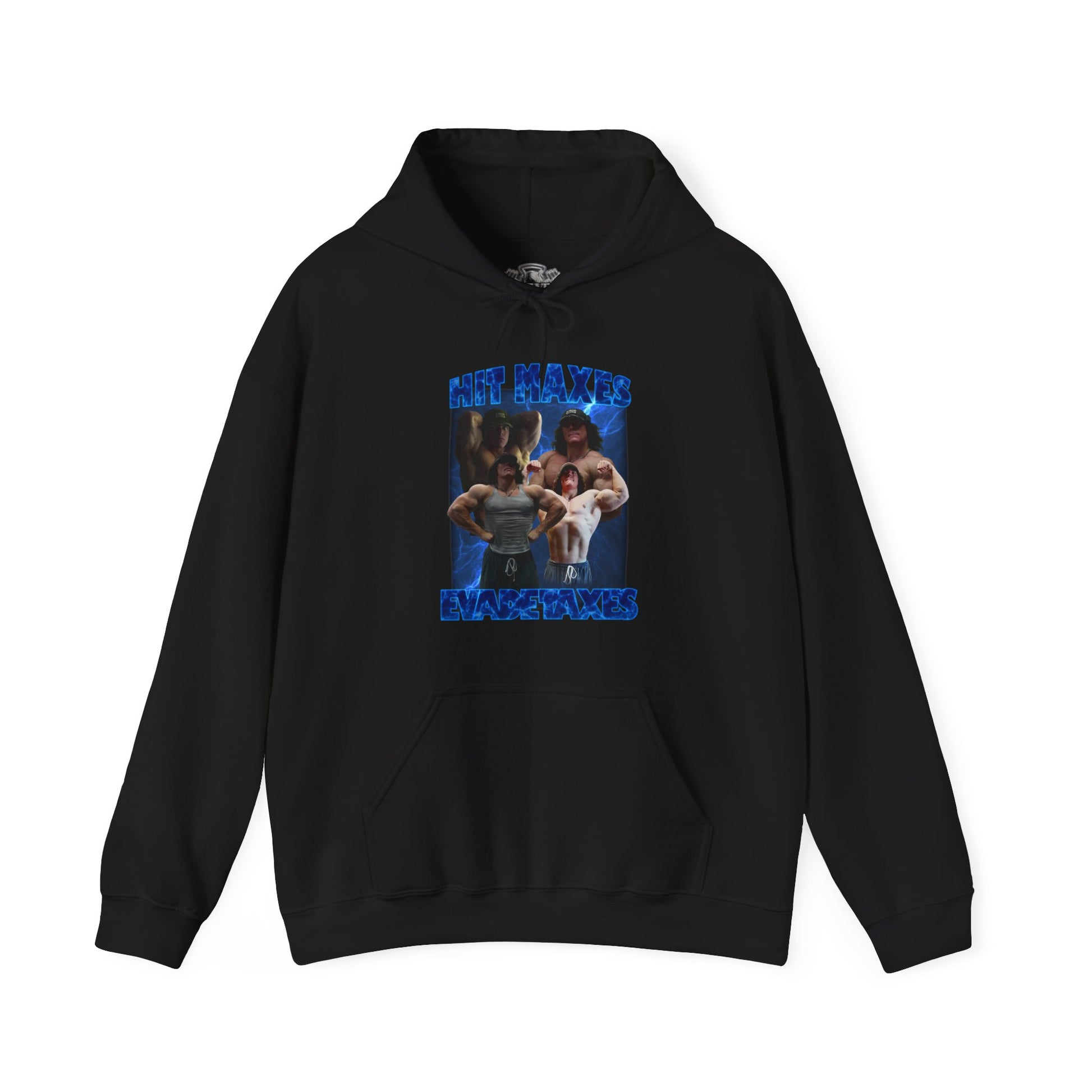 Sam Sulek Hit Maxes Evade Taxes Blue Hoodie front view - Kangaroo Pocket Hoodie