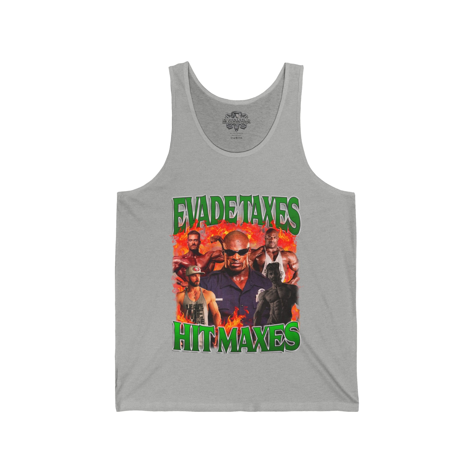 Ronnie Coleman Hit Maxes Evade Taxes Green Tank Top in action - Muscle Tank Top