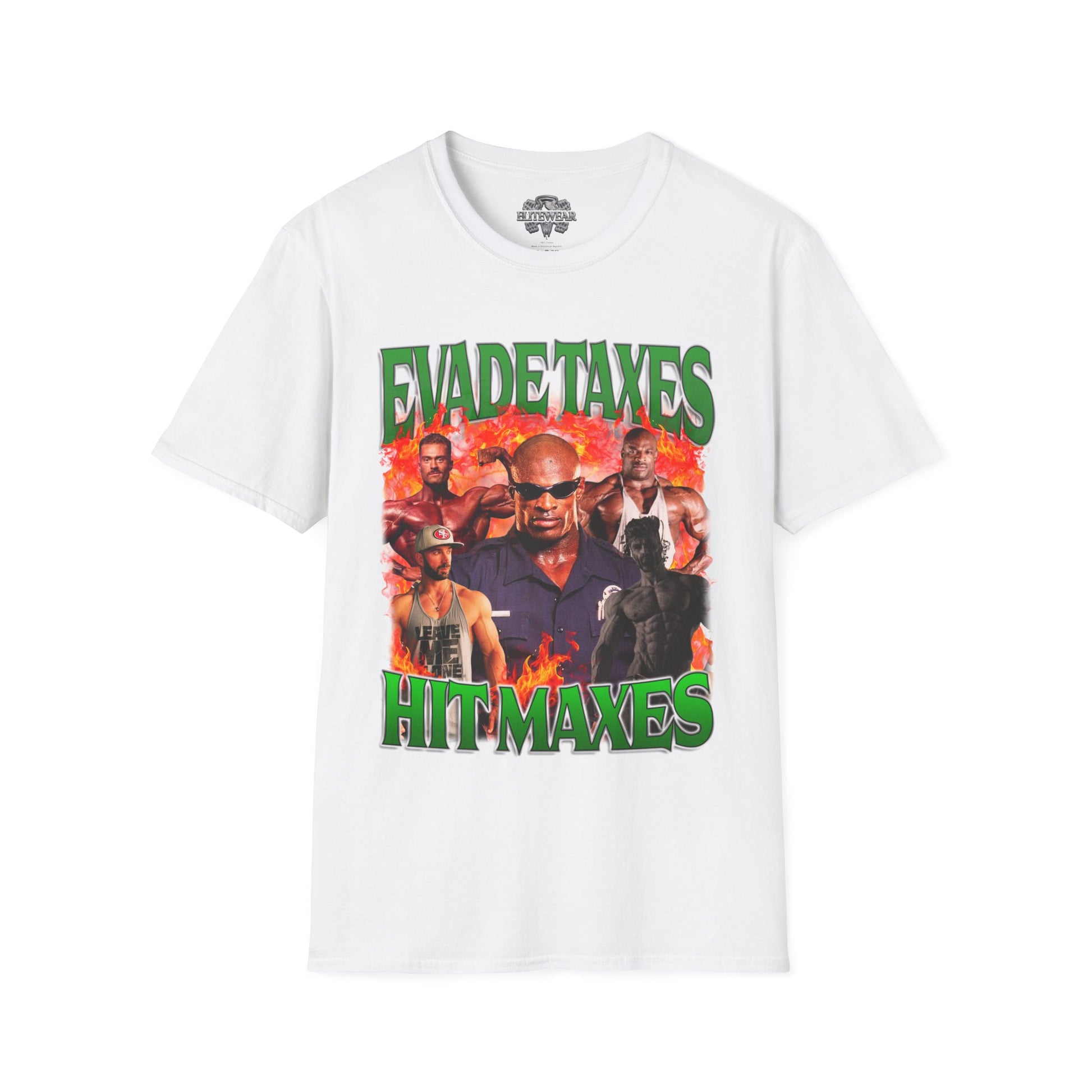 Ronnie Coleman Hit Maxes Evade Taxes Green T-Shirt front view - Bodybuilding T-Shirt