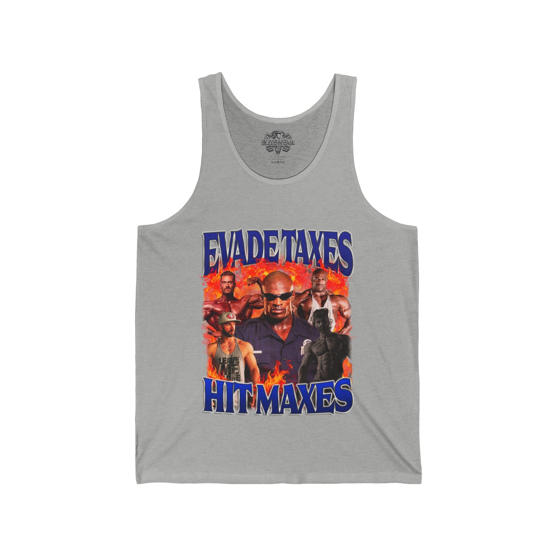 Ronnie Coleman Hit Maxes Evade Taxes Blue Tank Top in action - Muscle Tank Top