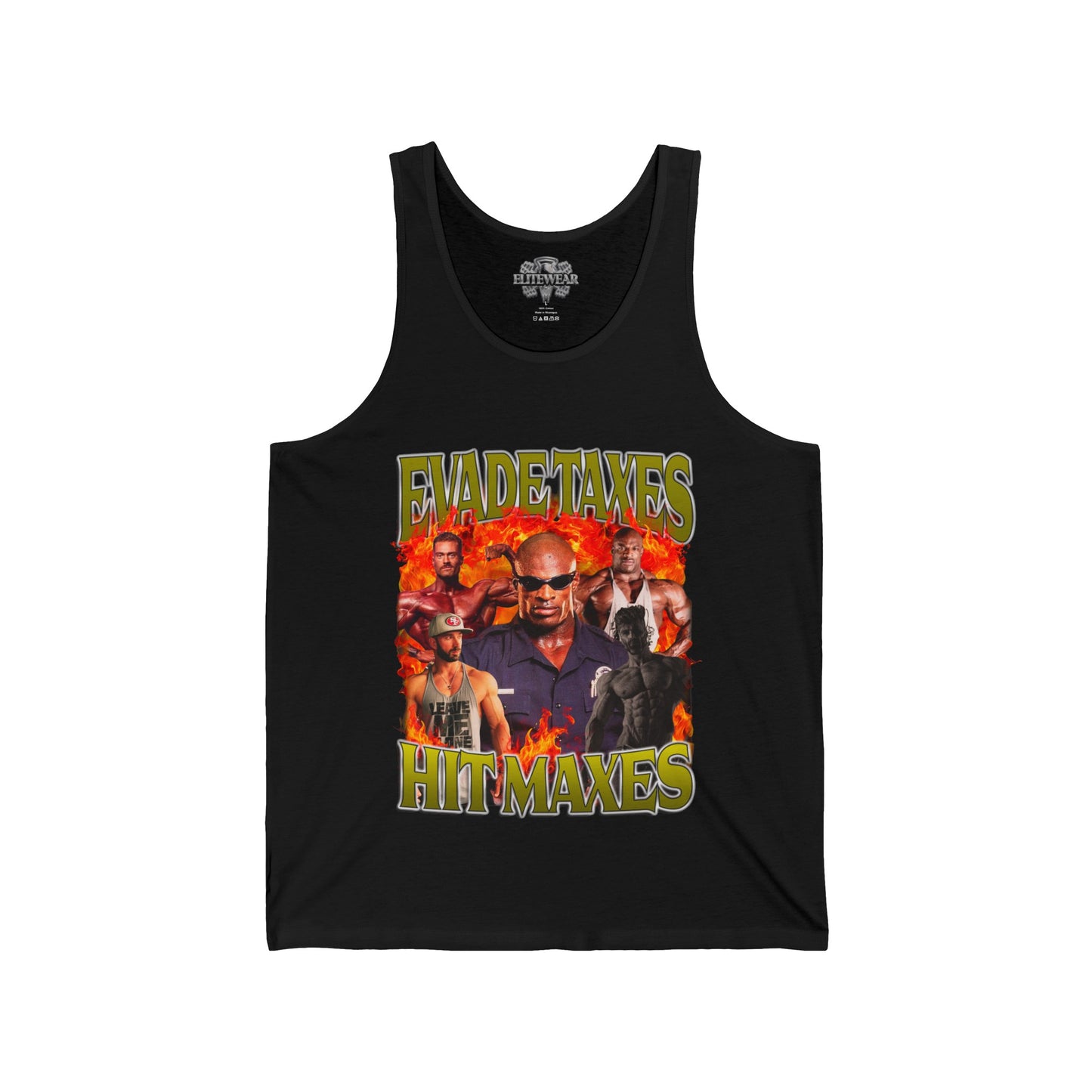 Ronnie Coleman Hit Maxes Evade Taxes Gold Tank Top front view - Bodybuilding Tank Top