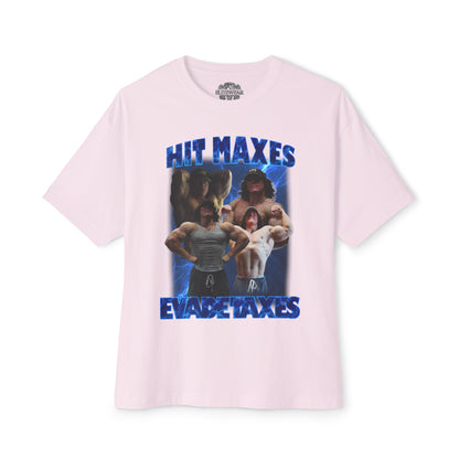 Sam Sulek Hit Maxes Evade Taxes Blue Oversized T-Shirt in action - Bodybuilding T-Shirt