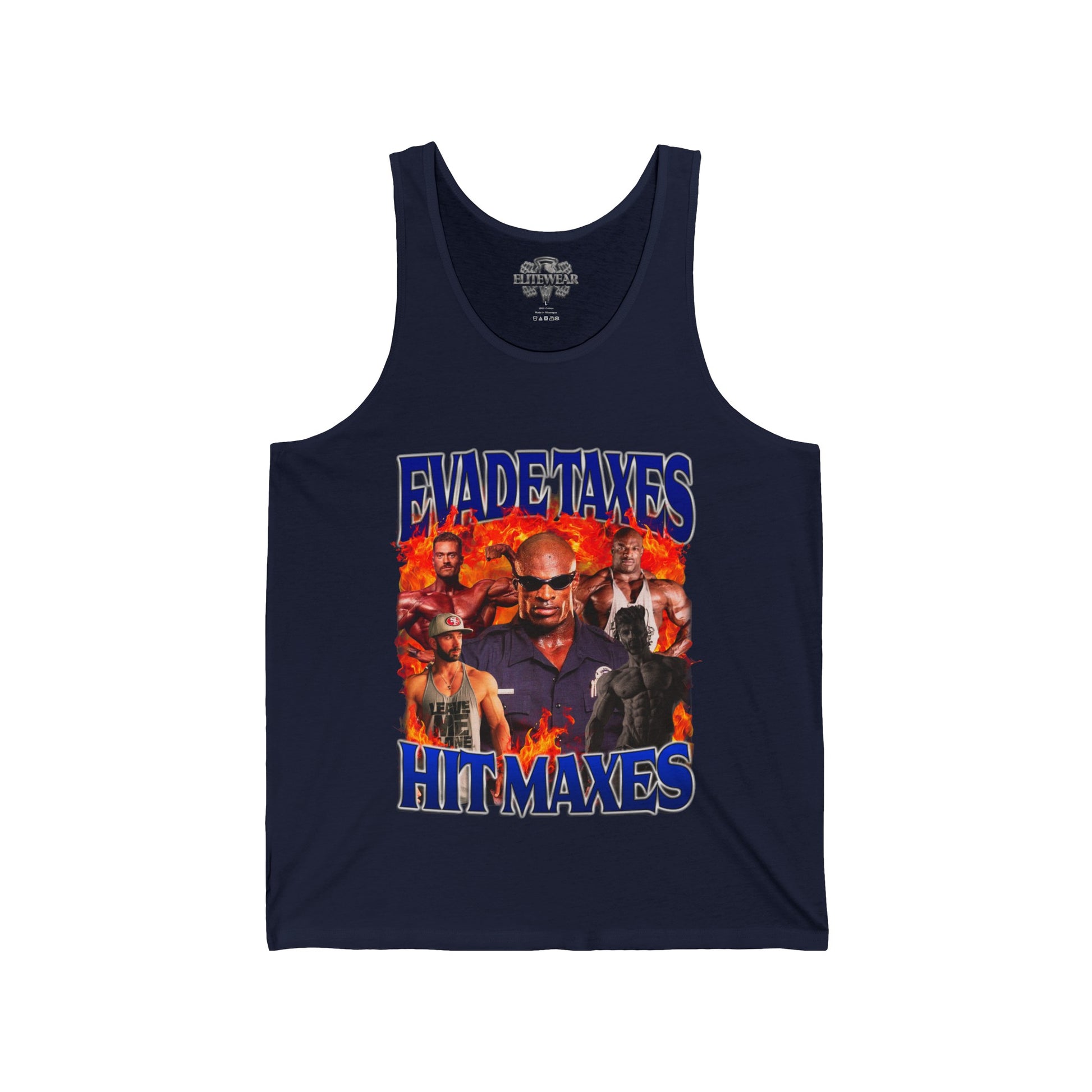 Ronnie Coleman Hit Maxes Evade Taxes Blue Tank Top in action - Muscle Tank Top