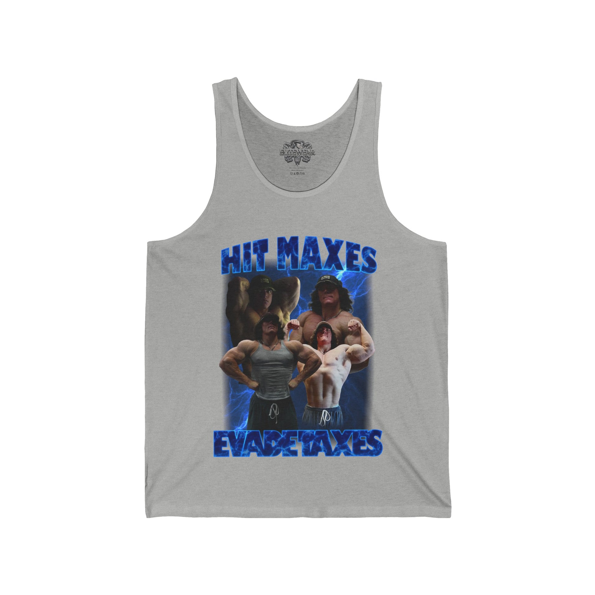 Sam Sulek Hit Maxes Evade Taxes Blue Tank Top in action - Fitness Apparel