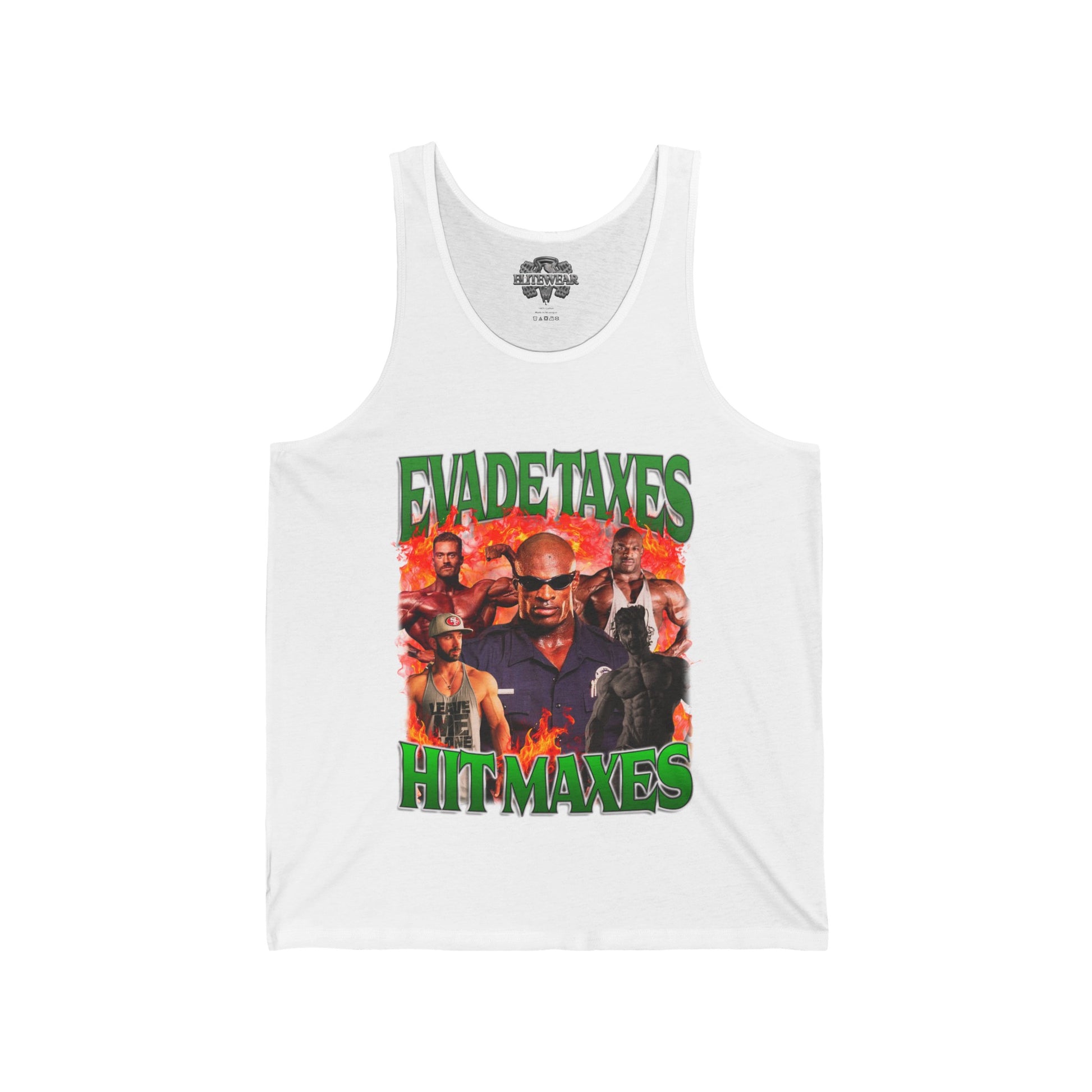 Ronnie Coleman Hit Maxes Evade Taxes Green Tank Top front view - Bodybuilding Tank Top