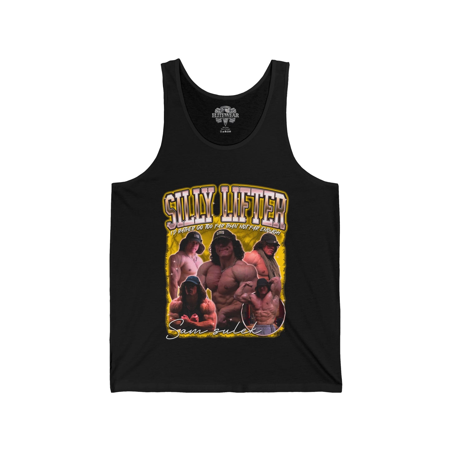 Sam Sulek Silly Lifter Gold Tank Top front view - Bodybuilding Tank Top