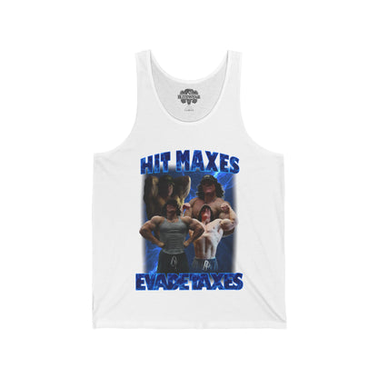 Sam Sulek Hit Maxes Evade Taxes Blue Tank Top front view - Bodybuilding Tank Top