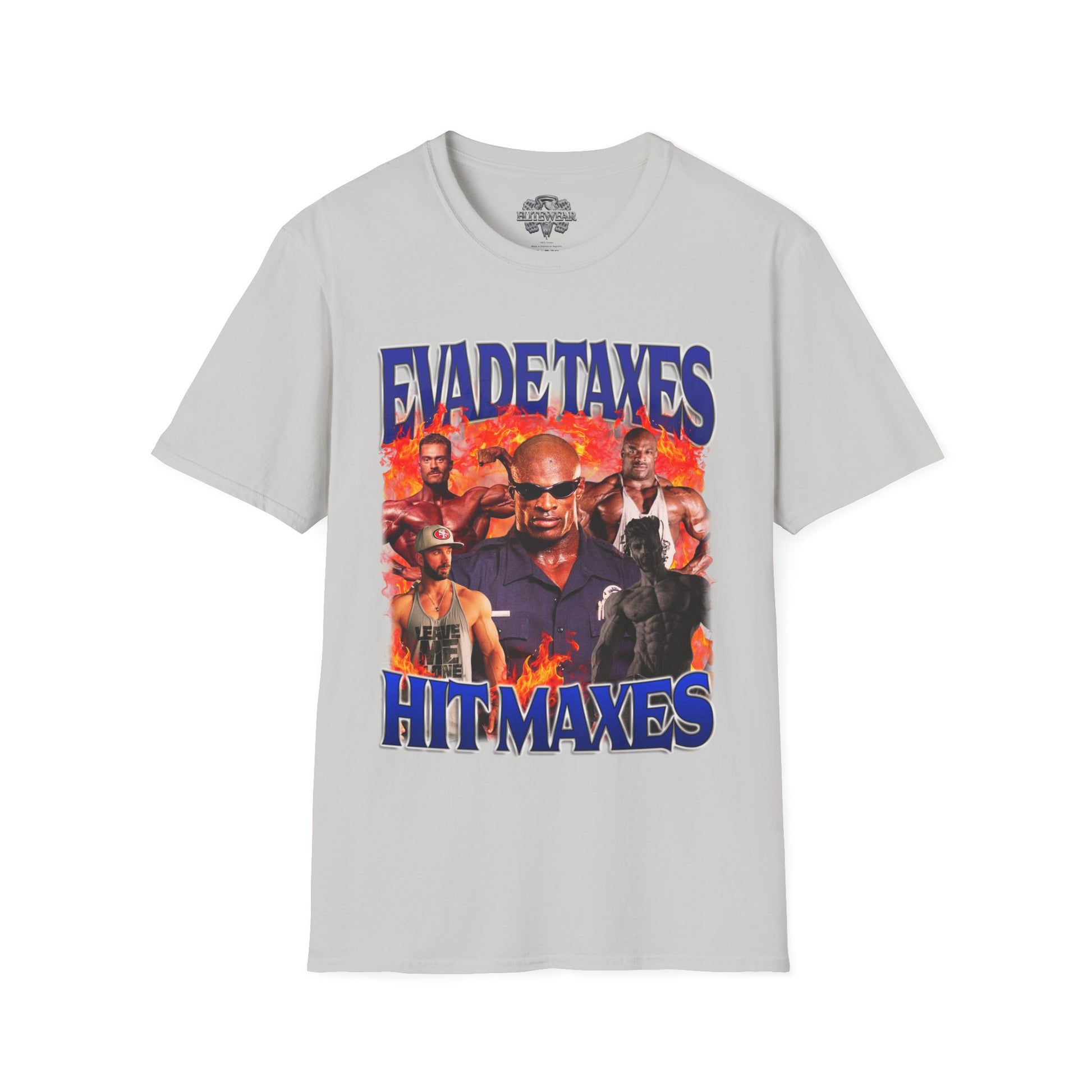 Ronnie Coleman Hit Maxes Evade Taxes Blue T-Shirt in action - Gym Wear