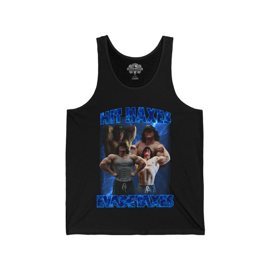 Sam Sulek Hit Maxes Evade Taxes Blue Tank Top front view - Bodybuilding Tank Top