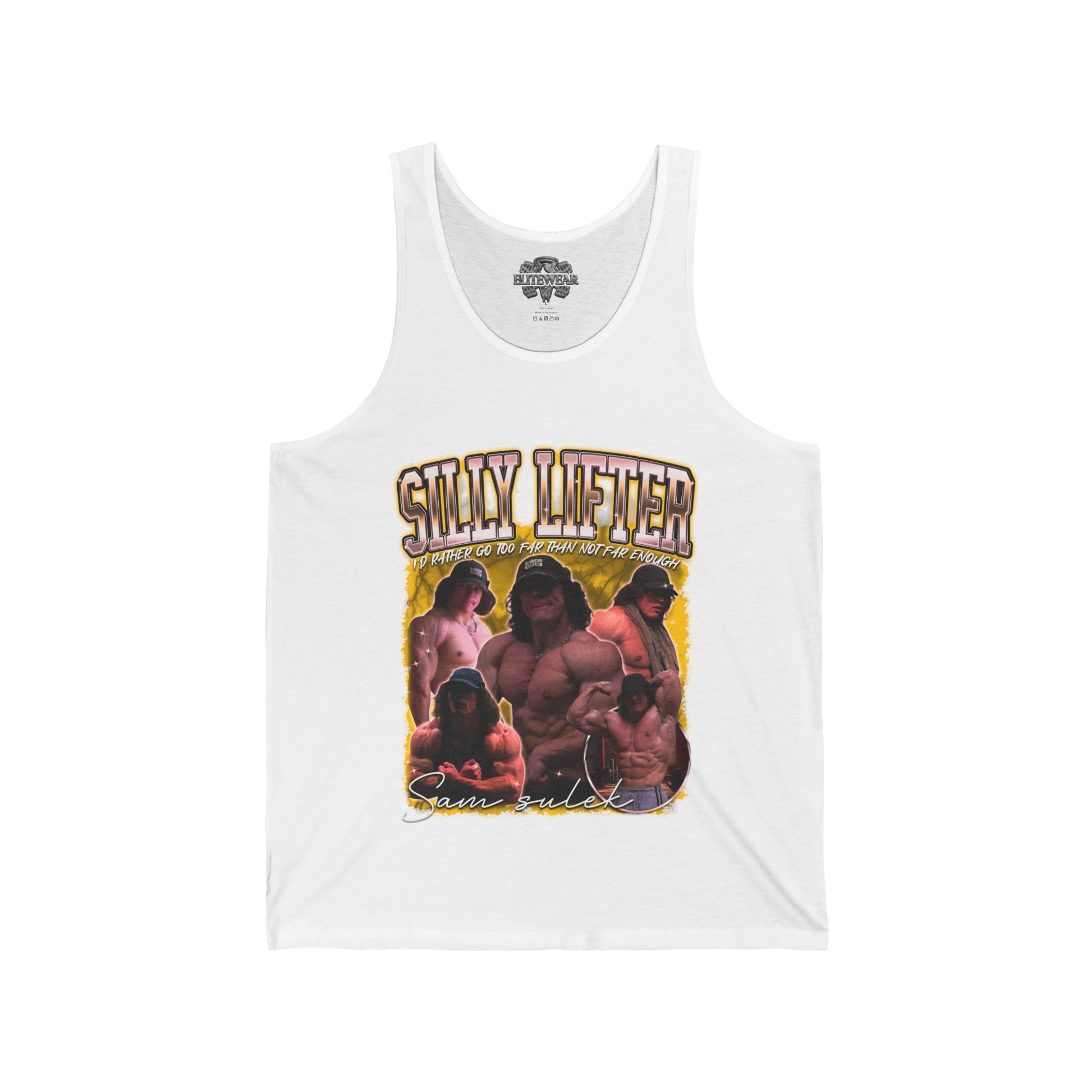 Sam Sulek Silly Lifter Gold Tank Top front view - Bodybuilding Tank Top