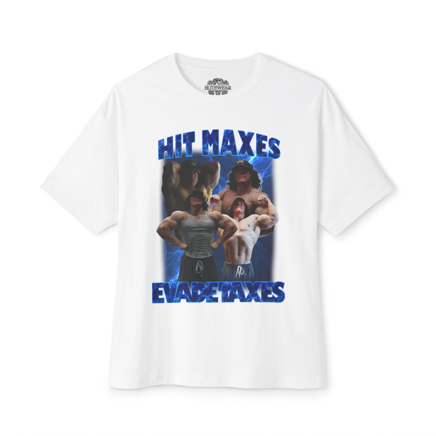 Sam Sulek Hit Maxes Evade Taxes Blue Oversized T-Shirt front view - Fitness Apparel