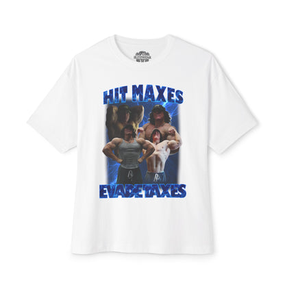 Sam Sulek Hit Maxes Evade Taxes Blue Oversized T-Shirt front view - Fitness Apparel