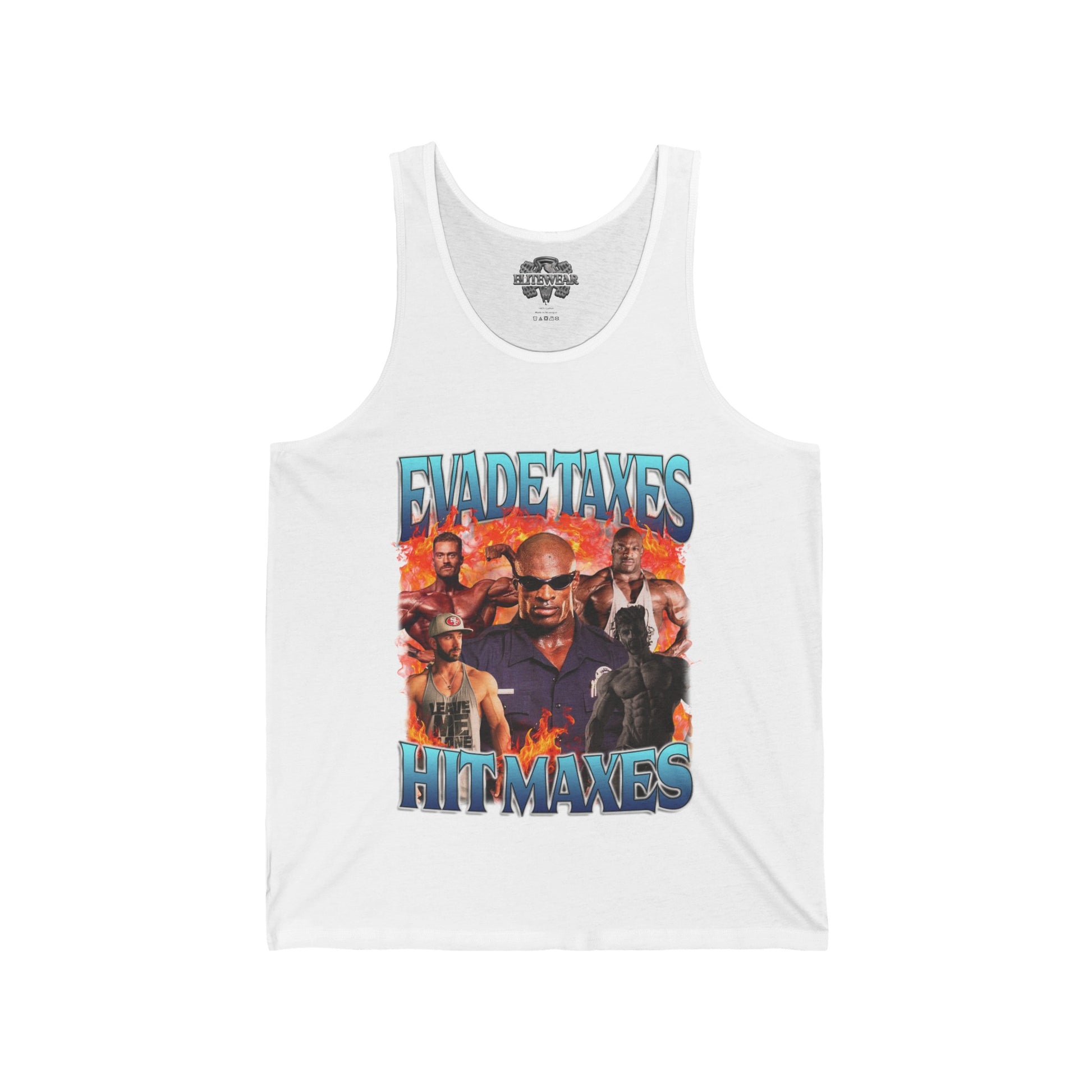 Ronnie Coleman Hit Maxes Evade Taxes Light Blue Tank Top in action - Muscle Tank Top