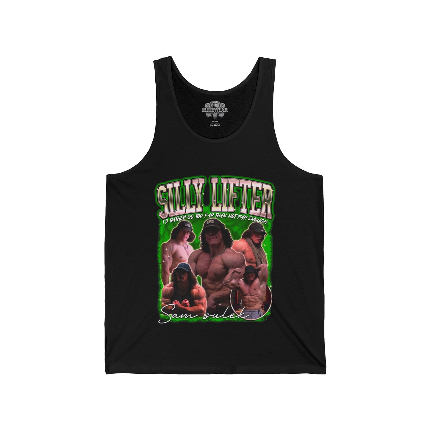 Sam Sulek Silly Lifter Green Tank Top front view - Bodybuilding Tank Top