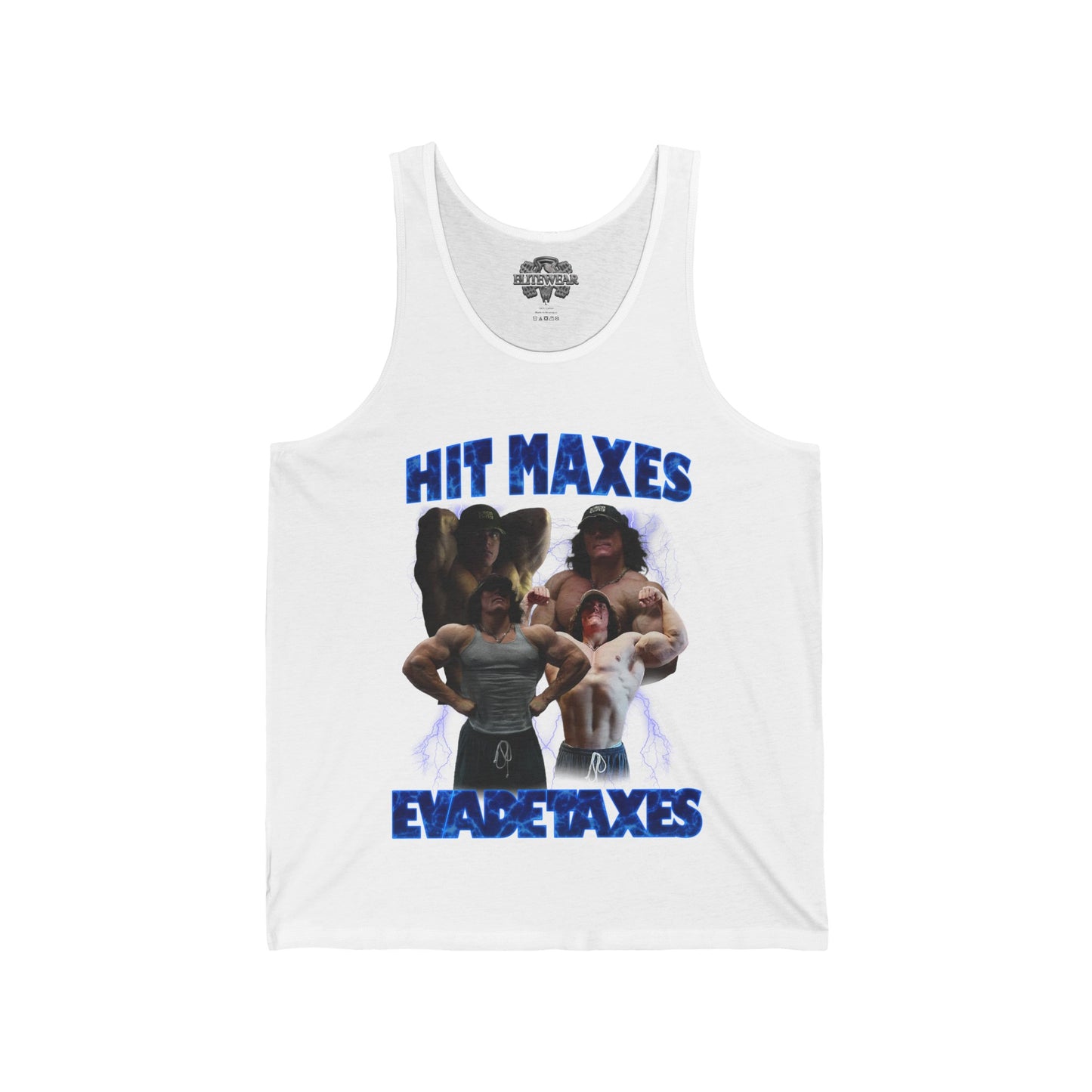 Sam Sulek Hit Maxes Evade Taxes Tank Top front view - Bodybuilding Tank Top