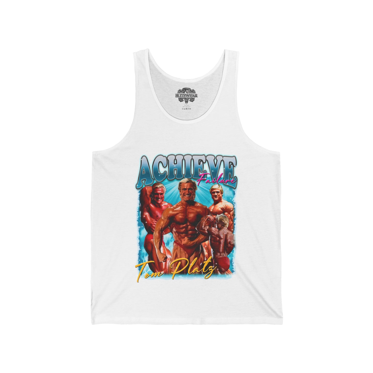 Tom Platz Achieve Failure Light Blue Tank Top front view - Bodybuilding Tank Top