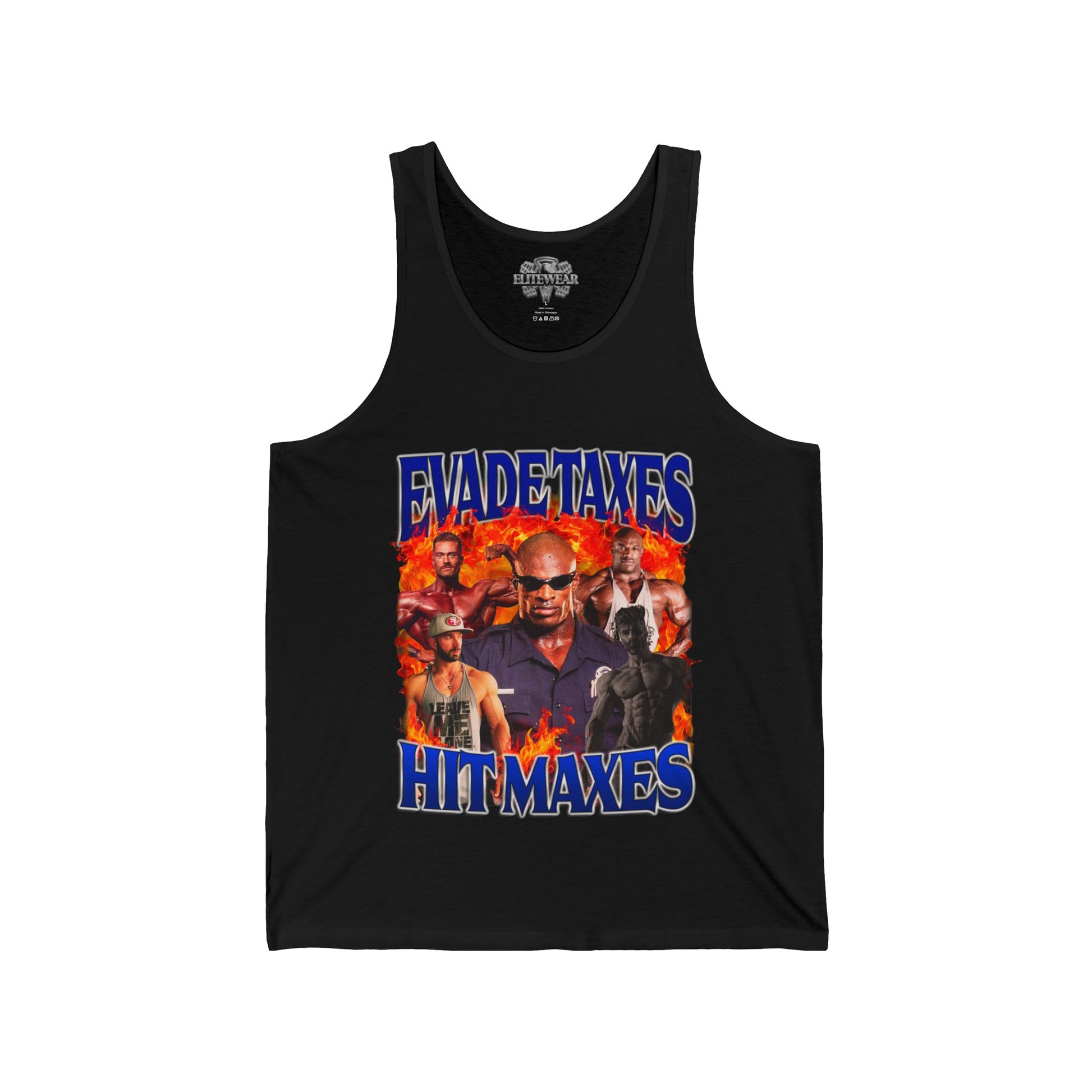 Ronnie Coleman Hit Maxes Evade Taxes Blue Tank Top front view - Bodybuilding Tank Top