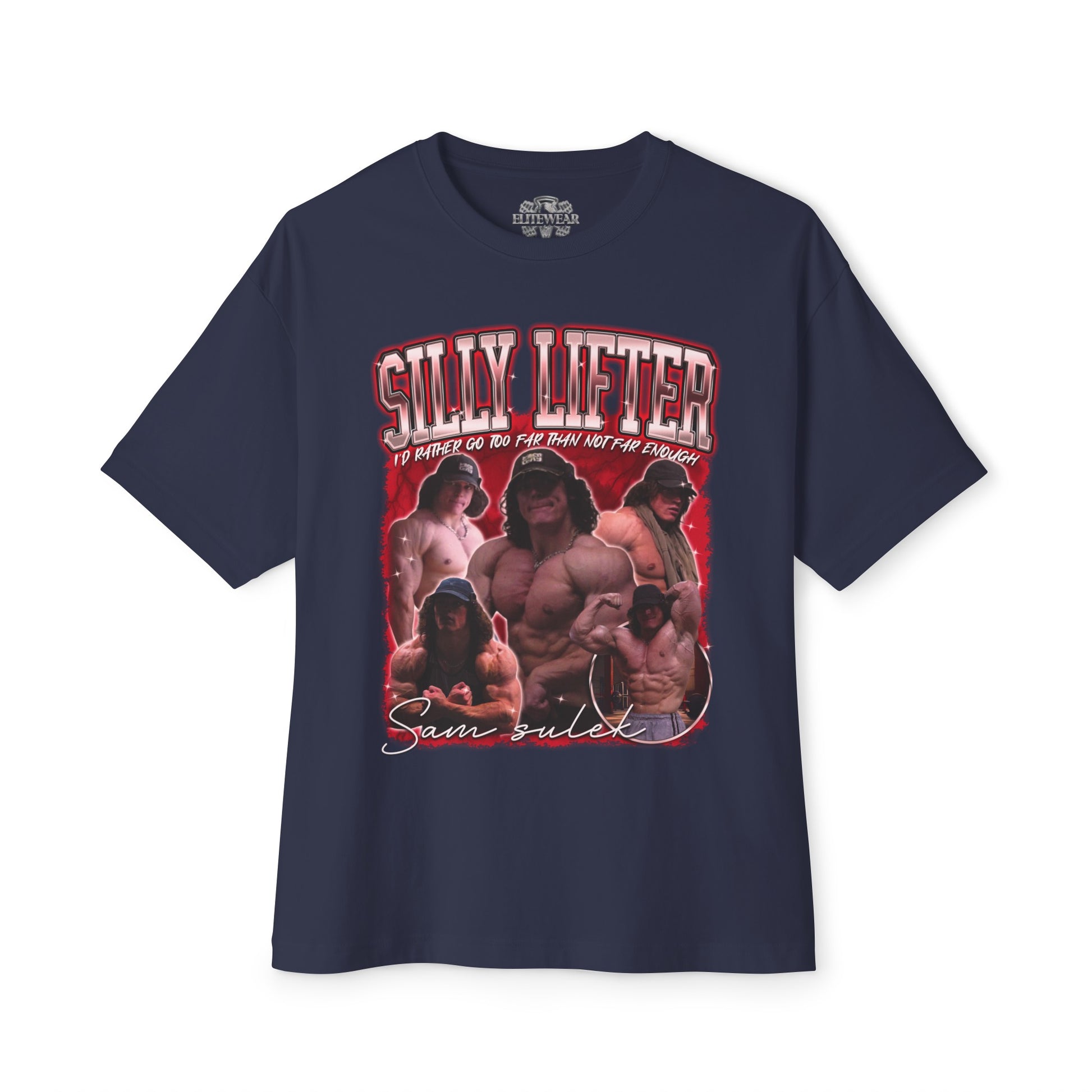 Sam Sulek Silly Lifter Red Oversized T-Shirt in action - Bodybuilding T-Shirt