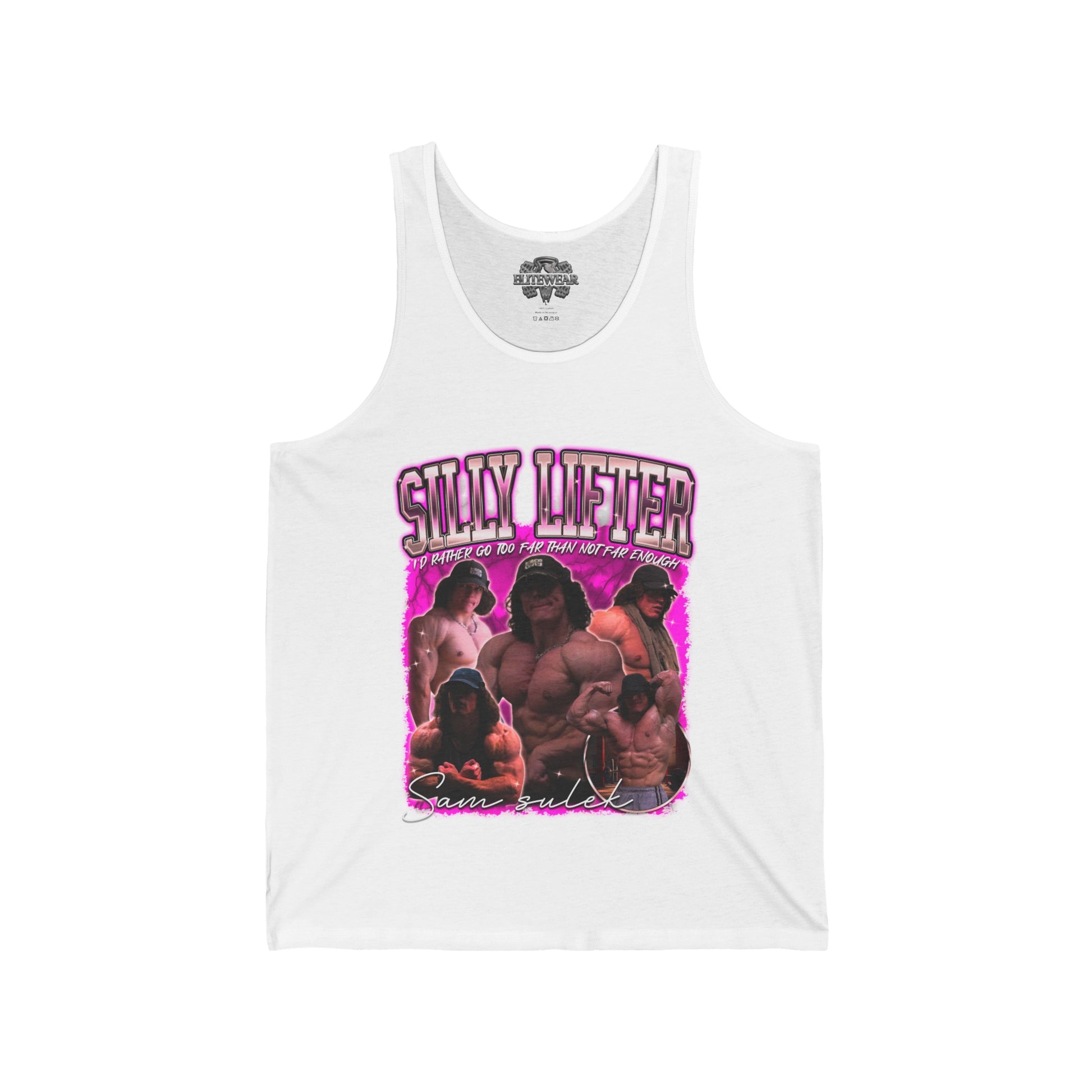 Sam Sulek Silly Lifter Pink Tank Top front view - Bodybuilding Tank Top