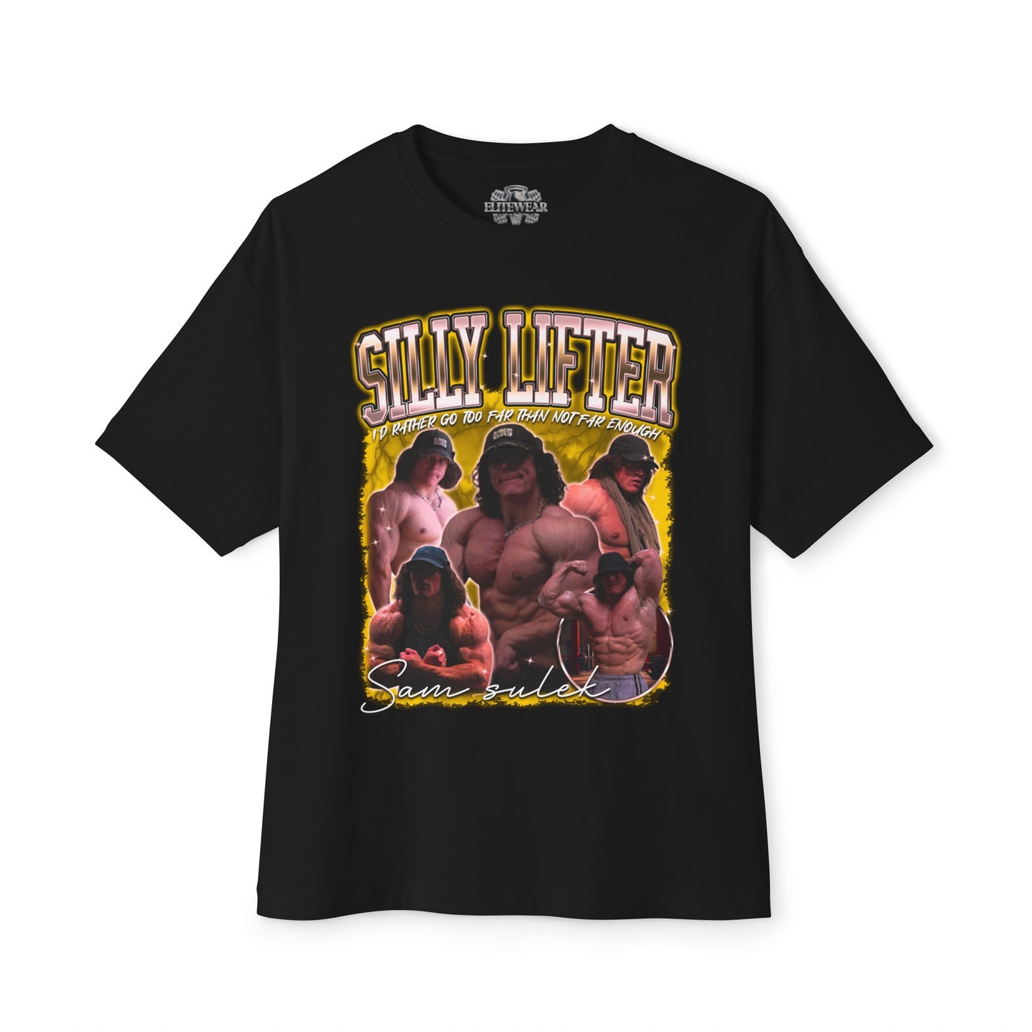 Sam Sulek Silly Lifter Gold Oversized T-Shirt front view - Fitness Apparel