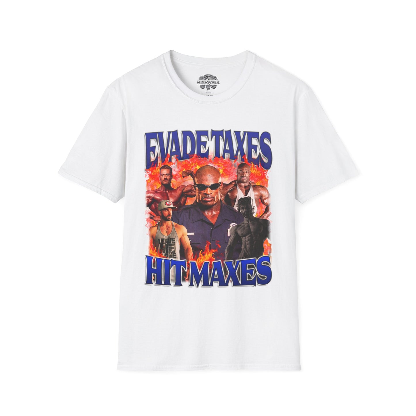 Ronnie Coleman Hit Maxes Evade Taxes Blue T-Shirt front view - Bodybuilding T-Shirt