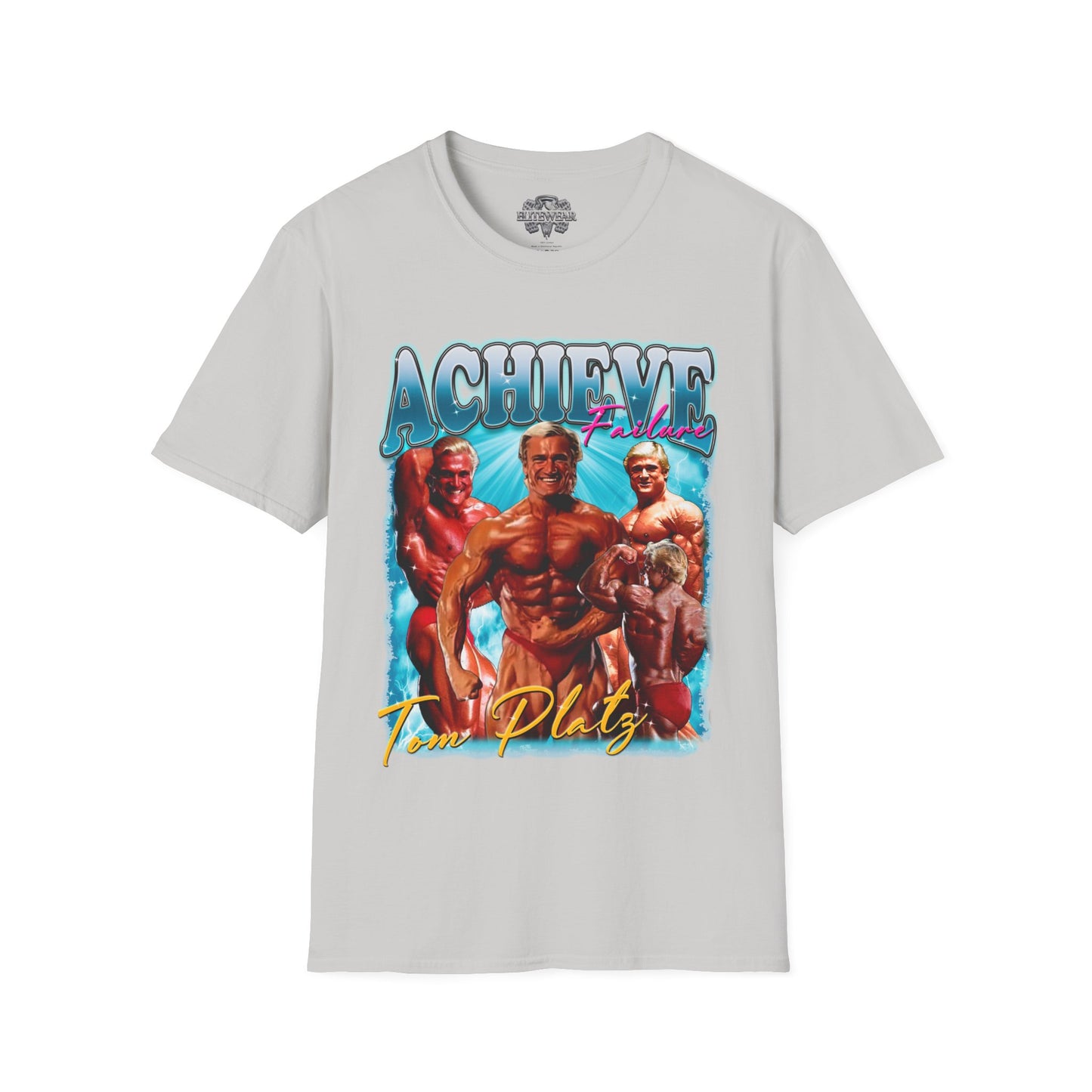 Tom Platz Achieve Failure Light Blue T-Shirt in action - Bodybuilding T Shirt