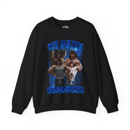 Sam Sulek Hit Maxes Evade Taxes Blue Sweatshirt front view - Gym Sweatshirt